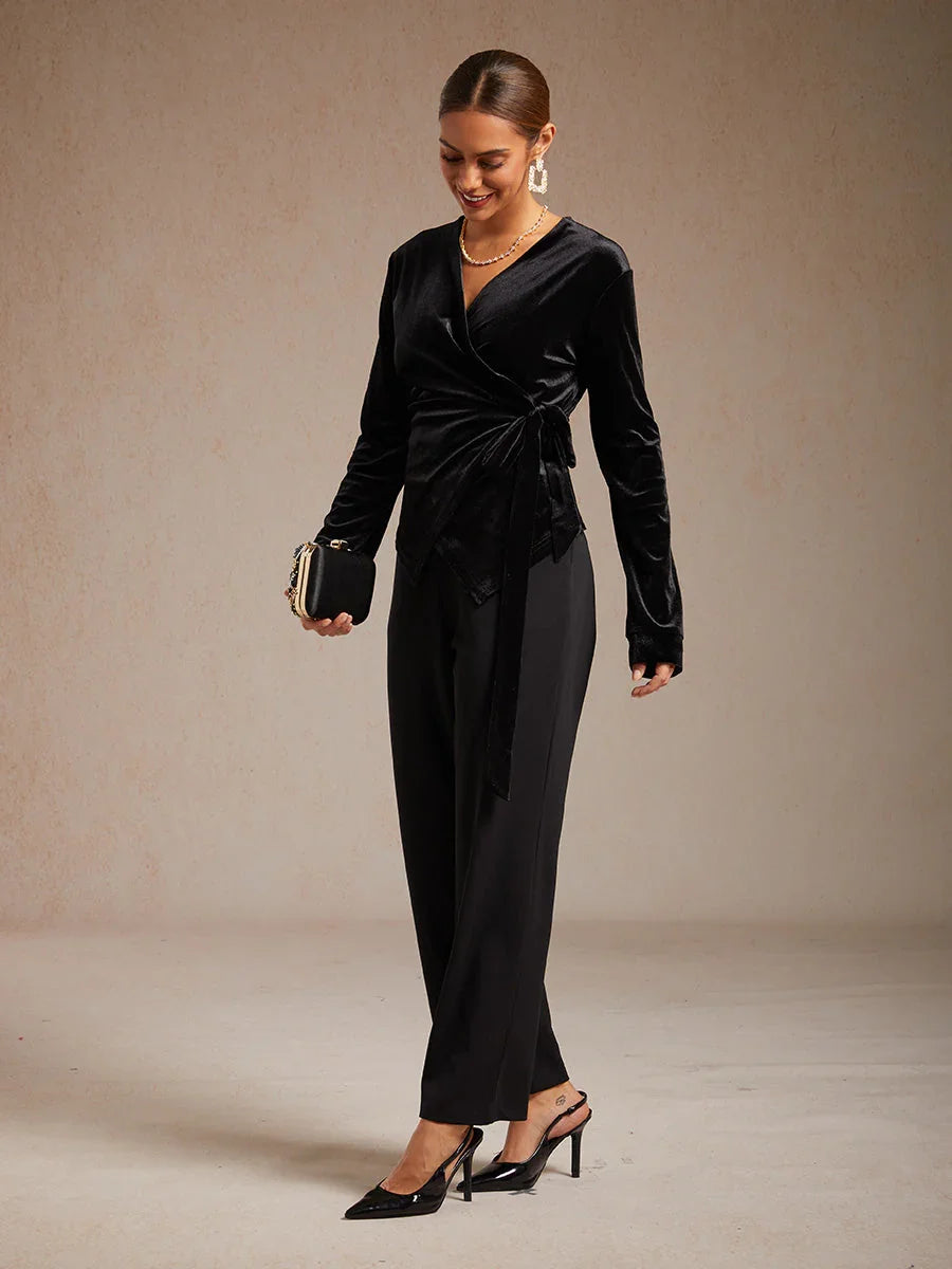 Velvet Wrap Blouse with V-Neckline