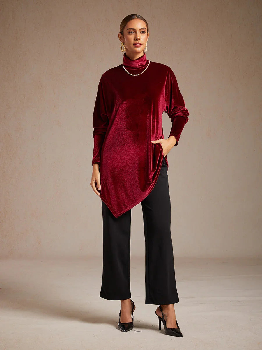 Velvet Tunic Blouse with Turtleneck and Asymmetric Hem