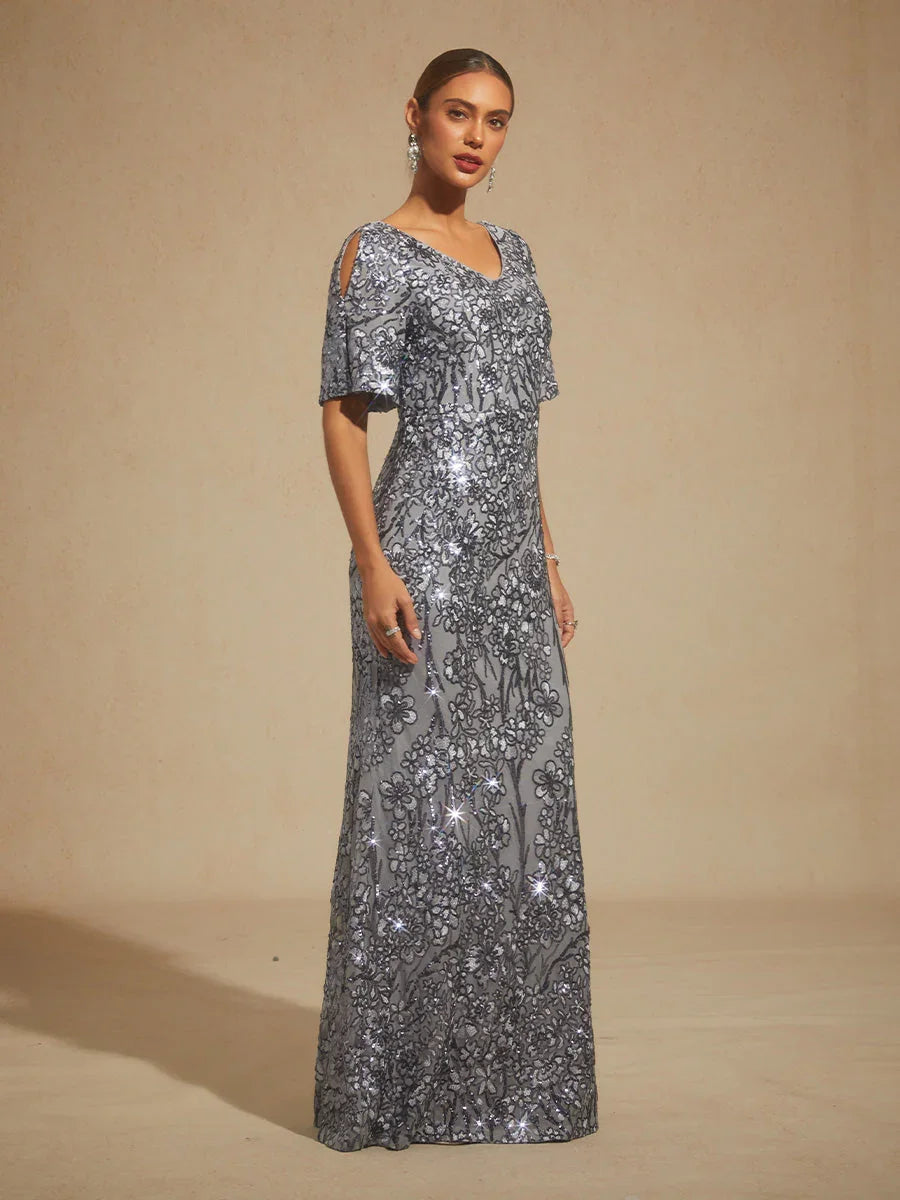 Robe de soirée à épaules dénudées avec broderie de sequins et décolleté en V
