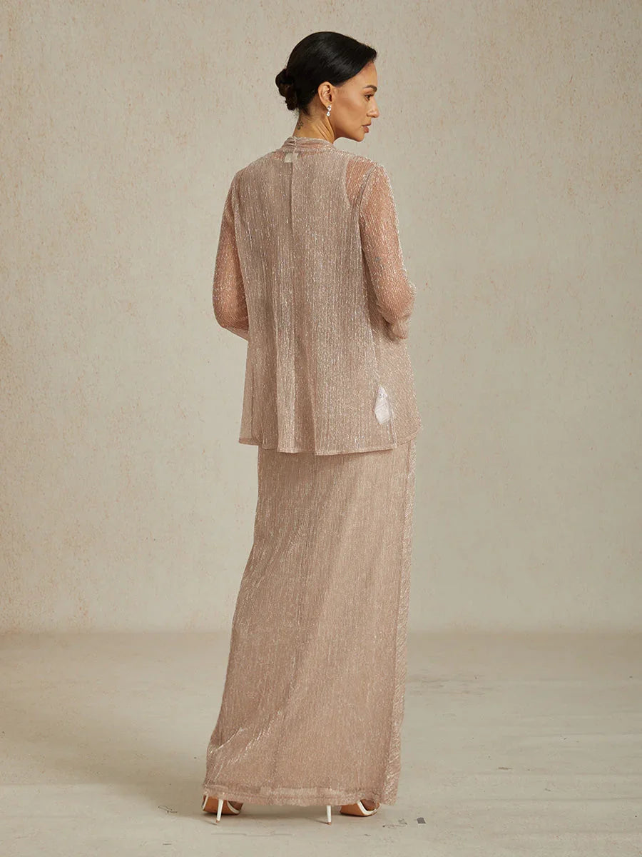 Metallic-plissiertes Chiffon-Maxikleid mit V-Ausschnitt