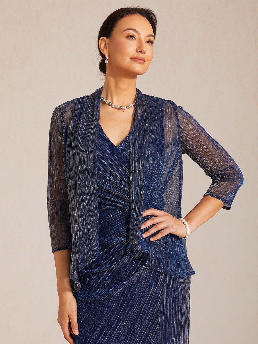 Metallic-plissierte lange Chiffonjacke mit Lagen-Design
