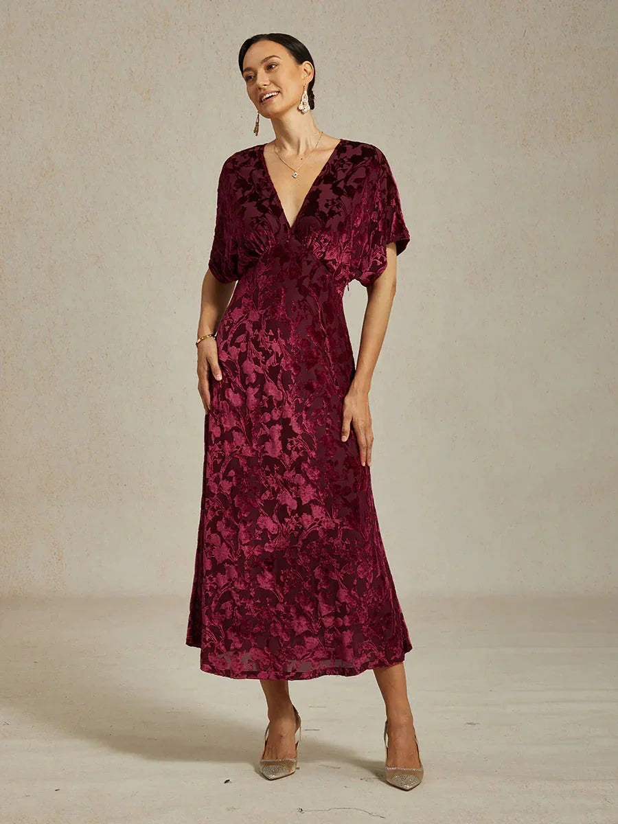 Maxikleid aus Samt mit V-Ausschnitt und Blumenmuster