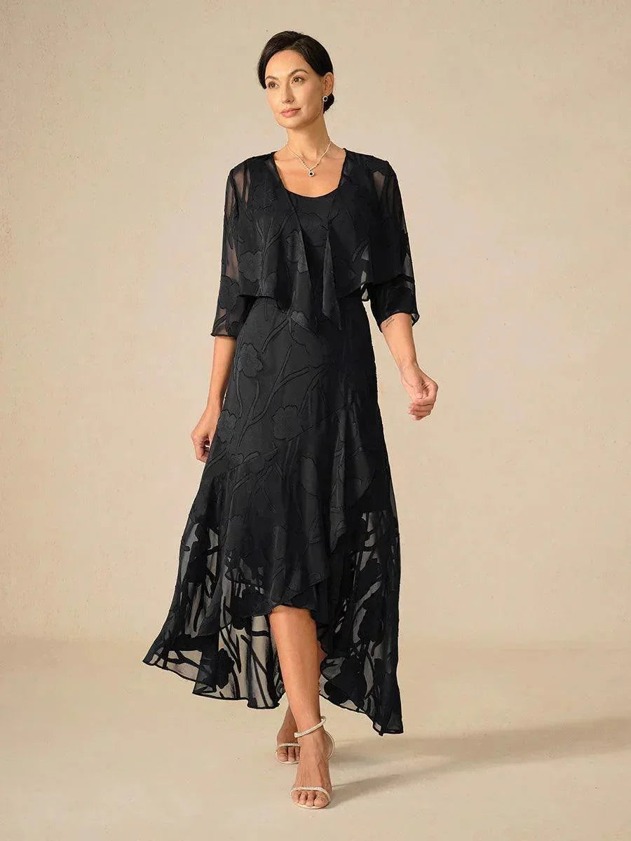 Abendkleid aus Chiffon mit Blumenmuster und asymmetrischem Saum