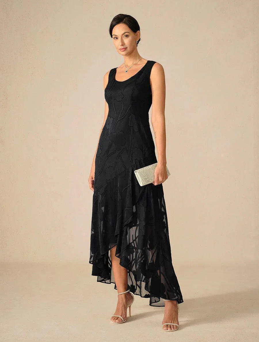 Velvet Floral Evening Gown with Asymmetrical Hem