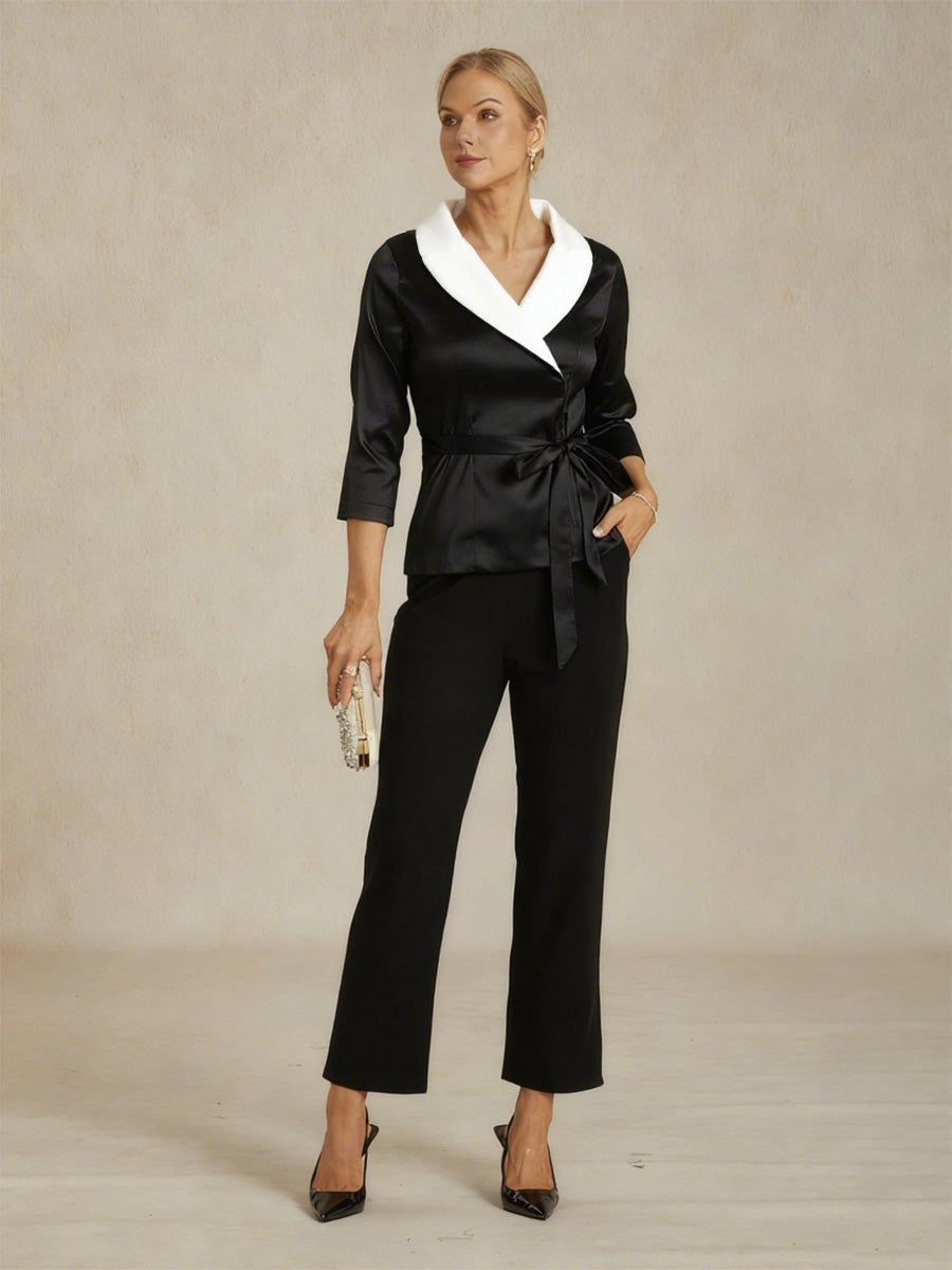 3/4 Sleeve Stretch Taffeta Blouse with Tie Waist Detail