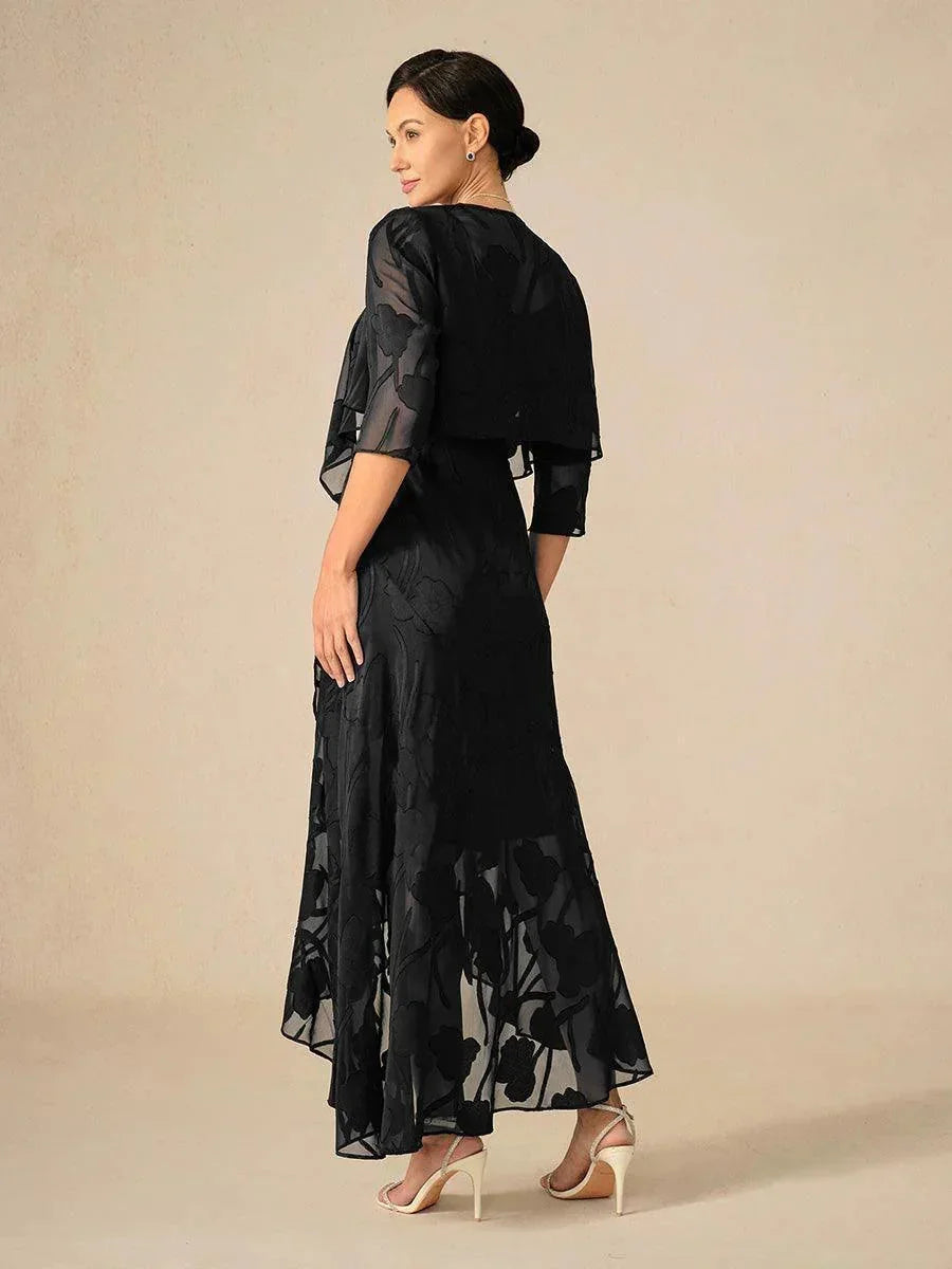 Abendkleid aus Chiffon mit Blumenmuster und asymmetrischem Saum
