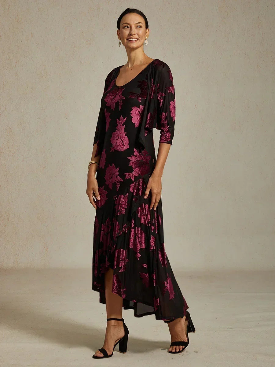 Velvet Floral Evening Gown with Asymmetrical Hem