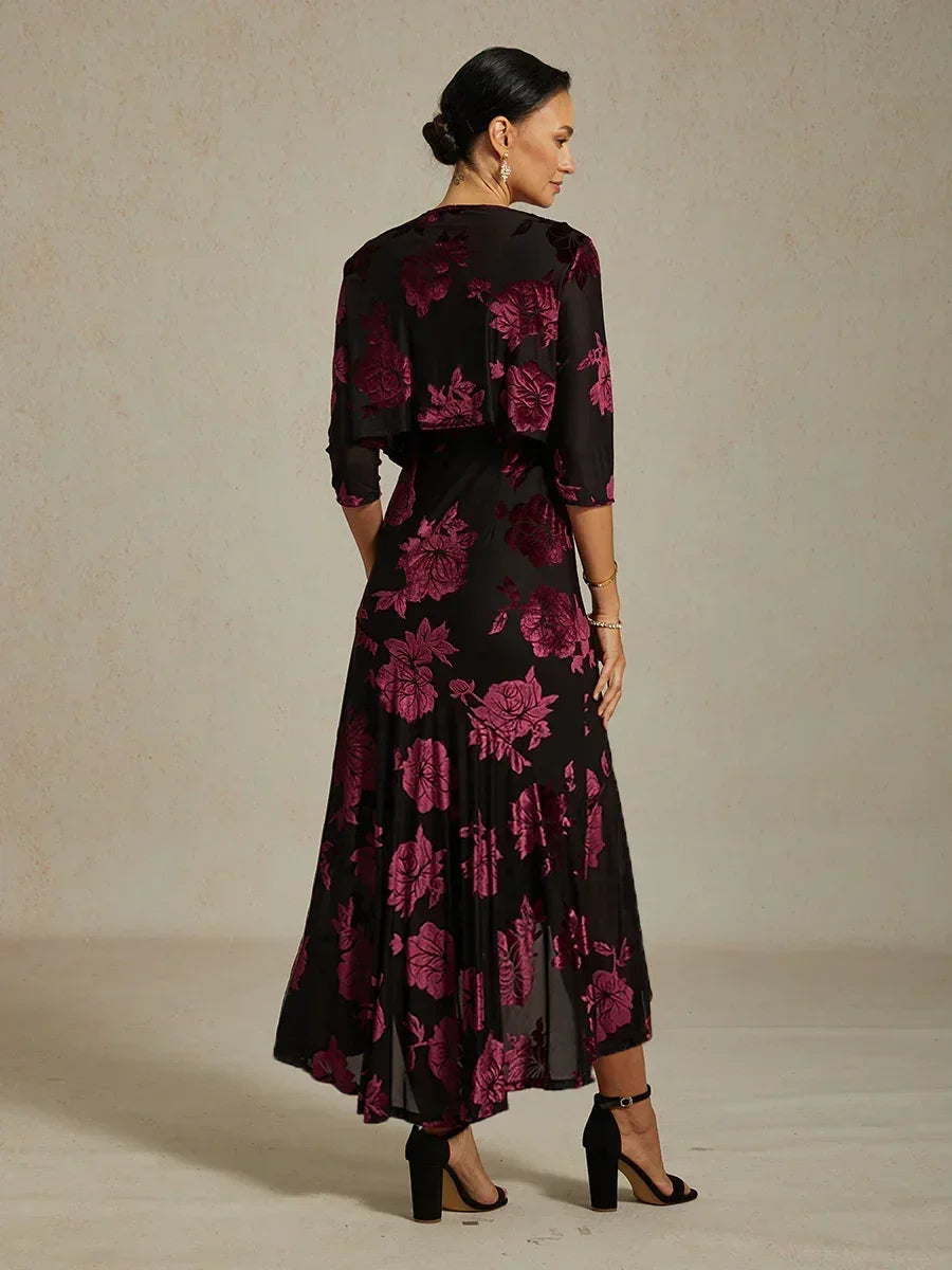 Velvet Floral Evening Gown with Asymmetrical Hem