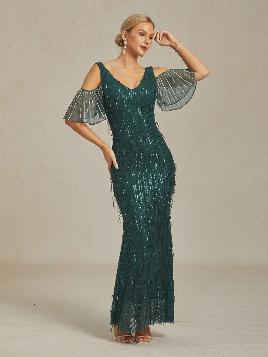 Vintage 1920s Sequin Fringe Off Shoulder Mermaid Maxi Dress