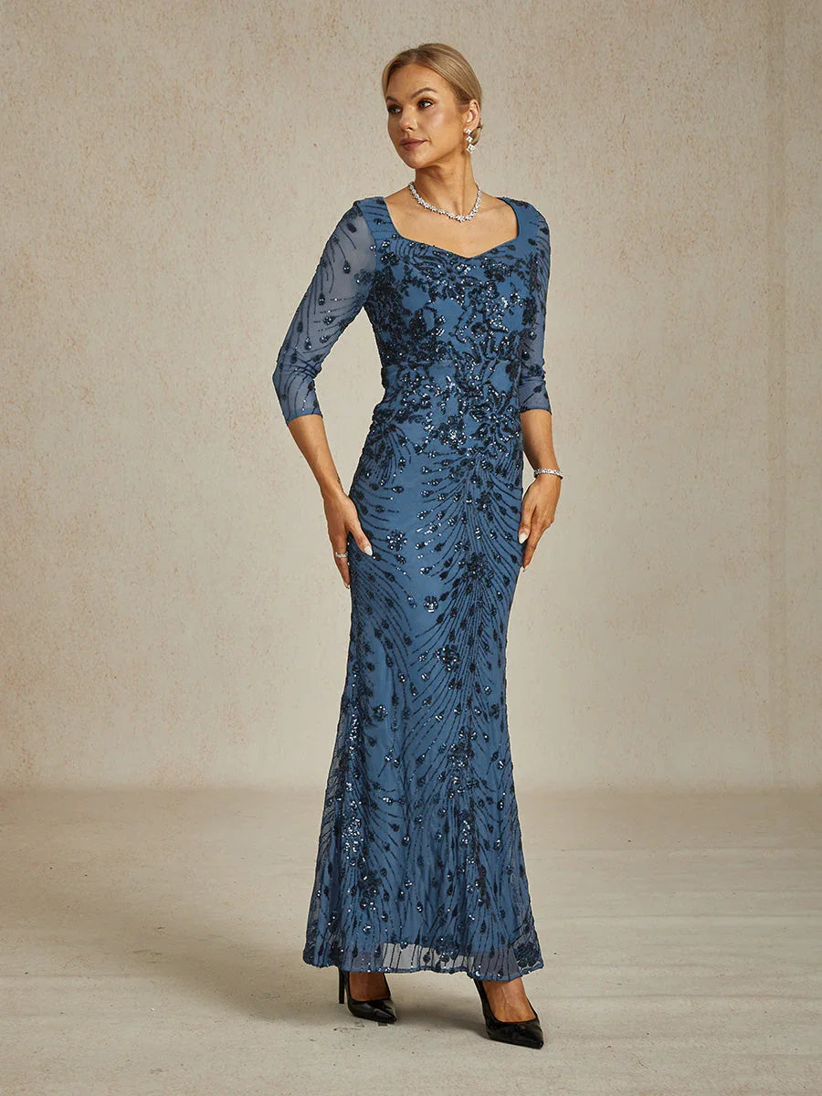 Square Neck 3/4 Sleeve Sequin Embroidered Mermaid Gown