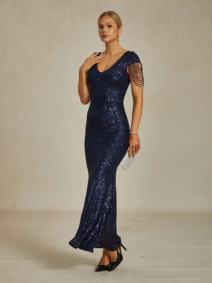Sequin Mermaid Evening Gown with Beaded Chain Details