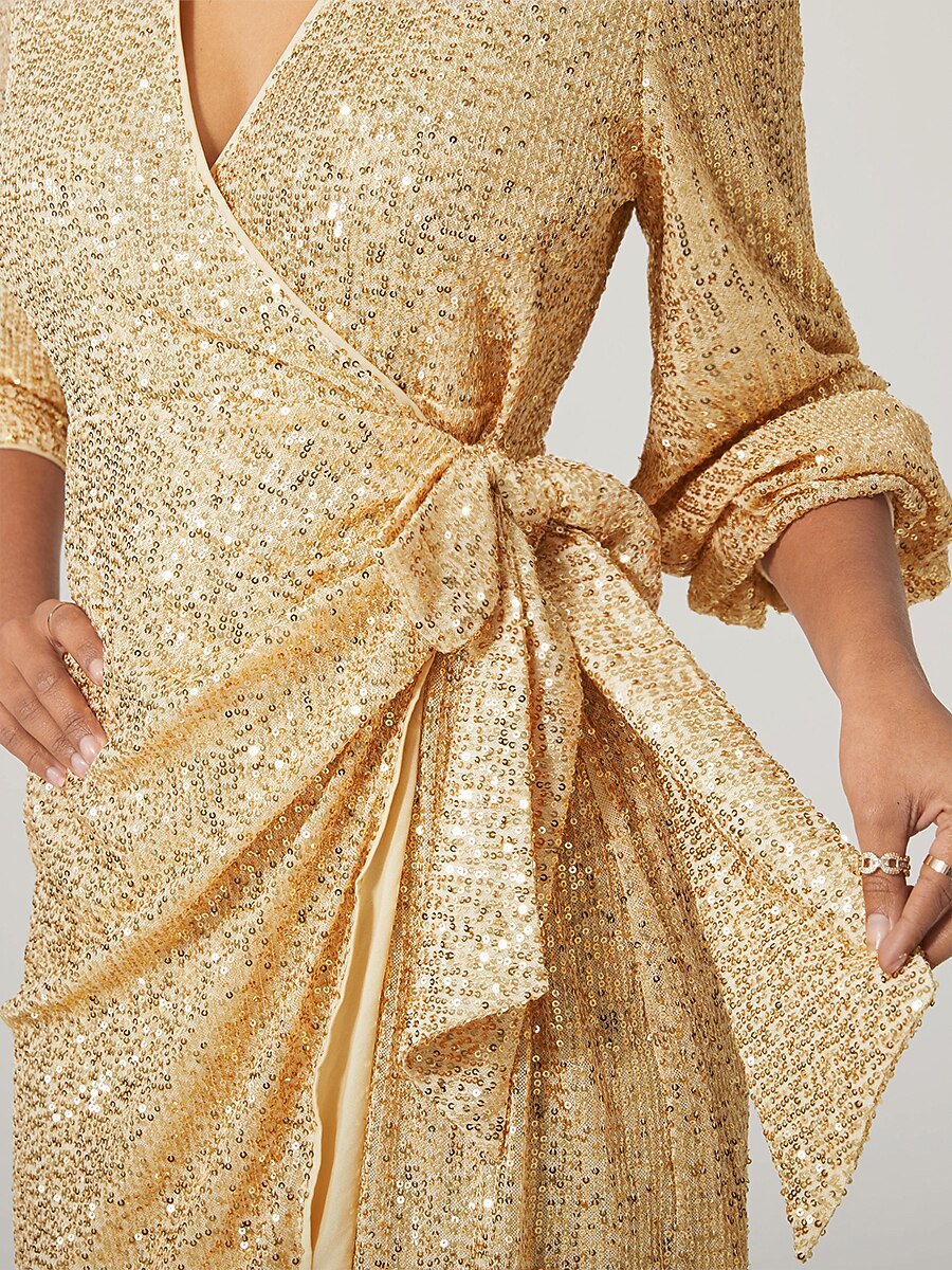 Golden Belted Sequins Collar Shirt Dress