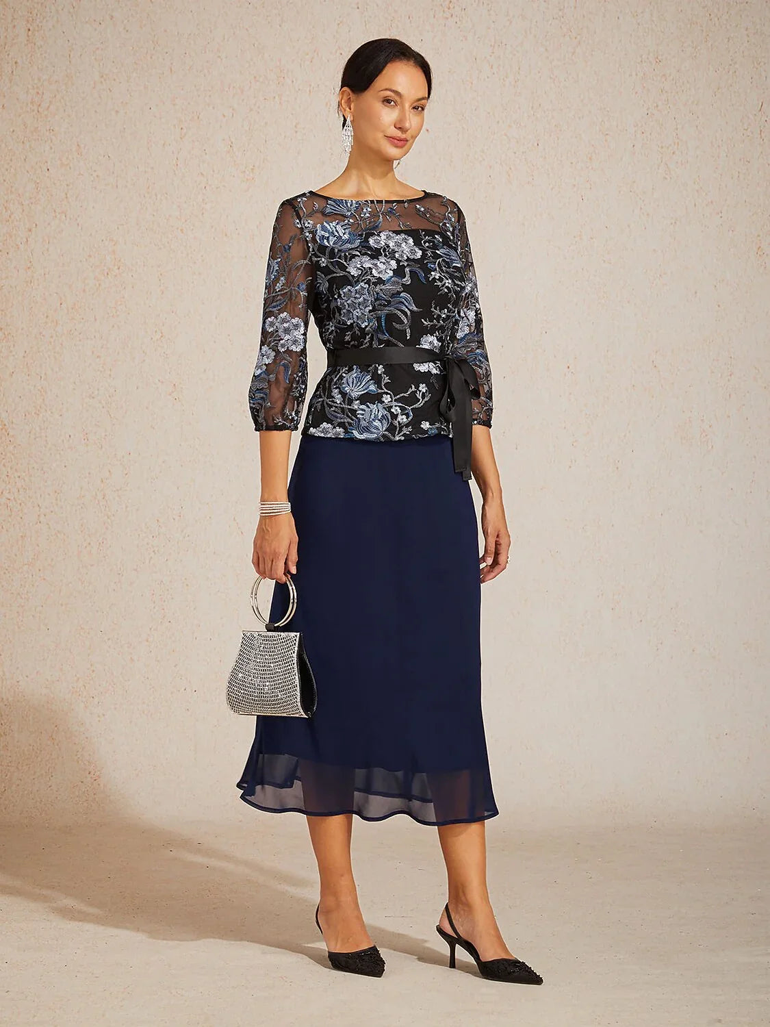 Floral Embroidered Blouse with 3/4 Bubble Sleeves & Illusion Neckline