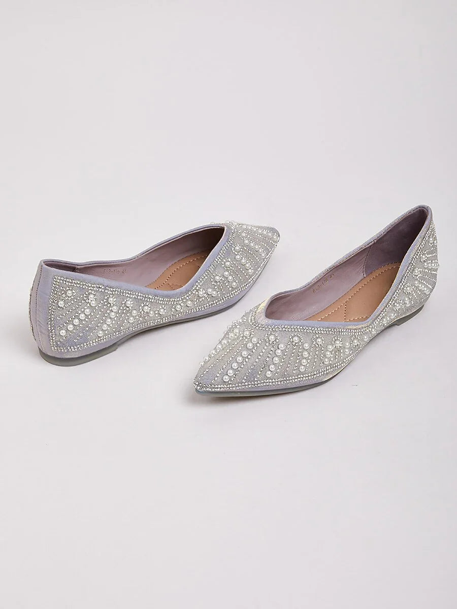 Embellished Pointed Flat Shoes with Pearls and Sequins