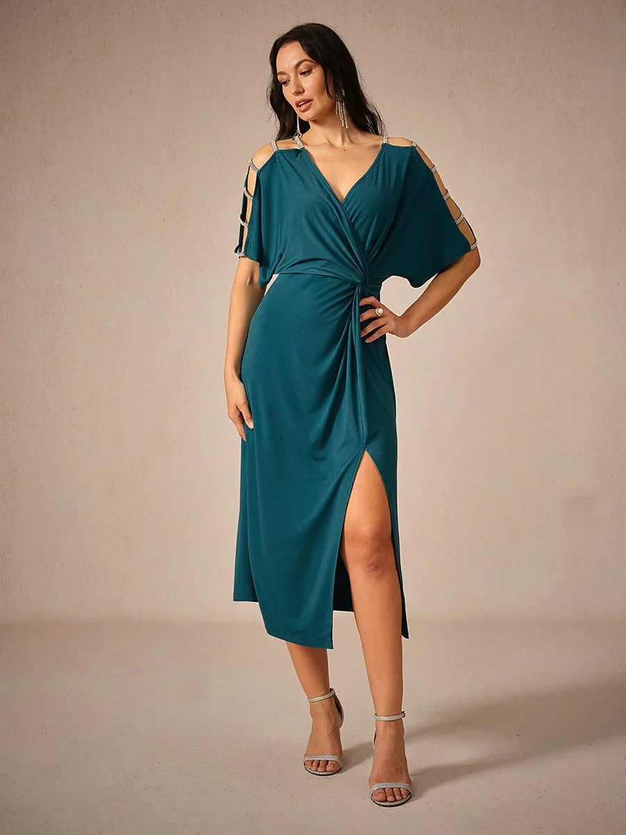 Stretch Knot Front Dress with Front Slit & Embellished Sleeve Cutouts