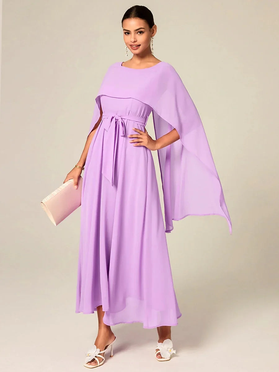 Belted Waist Chiffon Maxi Dress