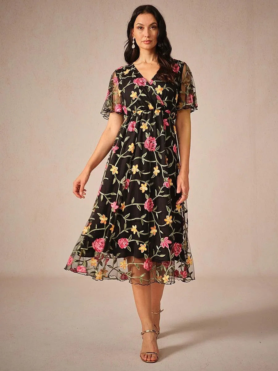 Floral Embroidery Mesh Midi Dress