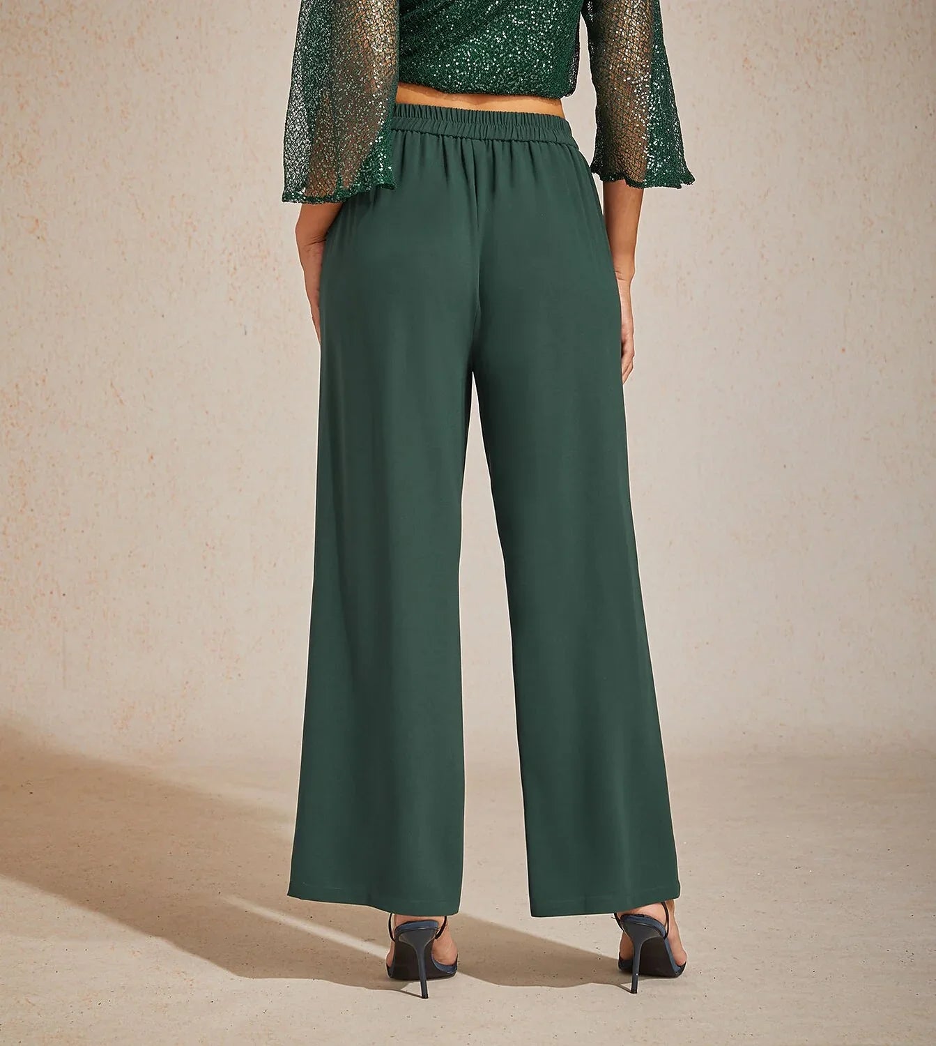 Mid-Rise Elastic Waist Wide-Leg Pants with Pockets