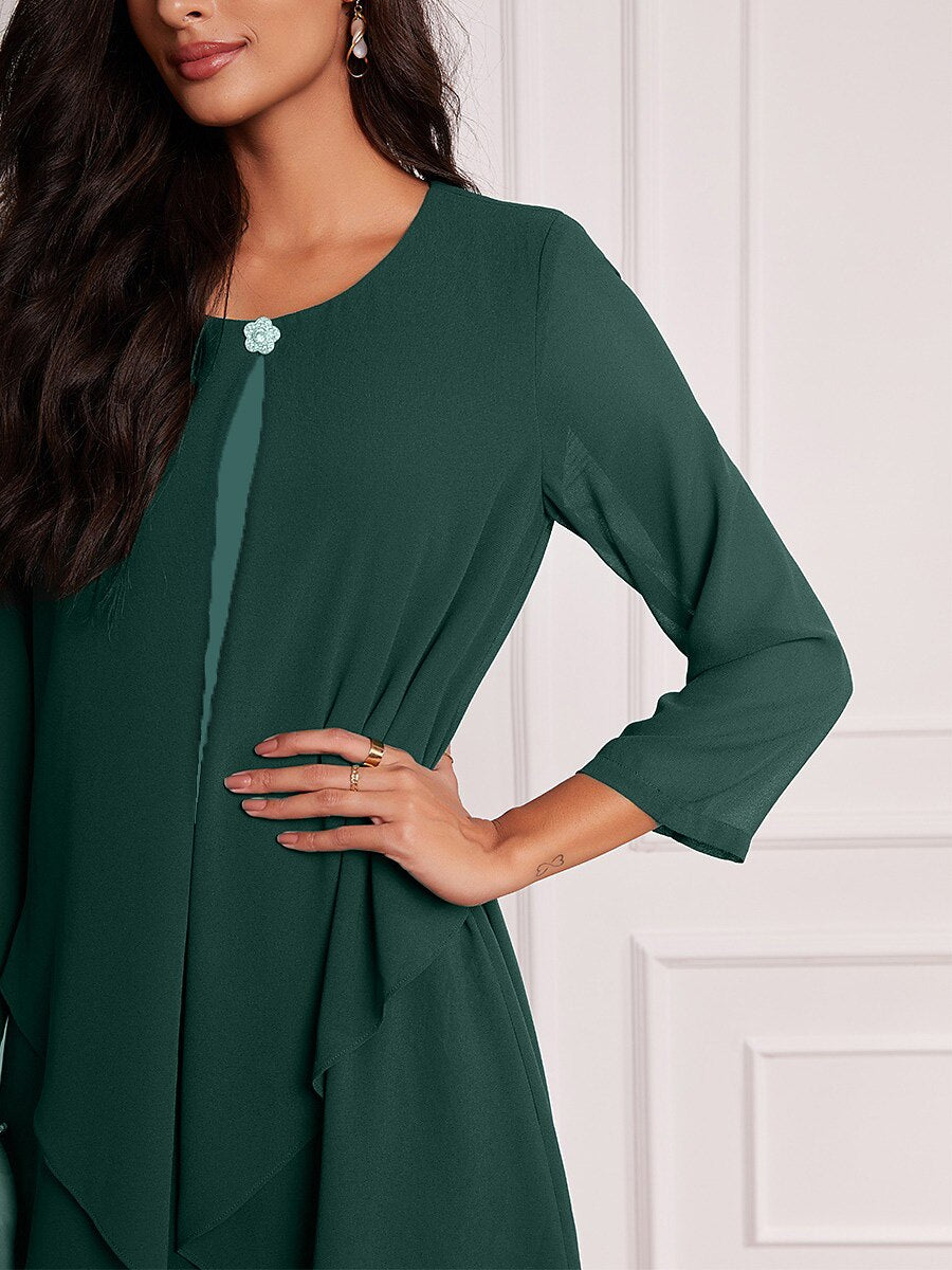 3/4 Sleeve Knee-Length Chiffon Dress with Rhinestone