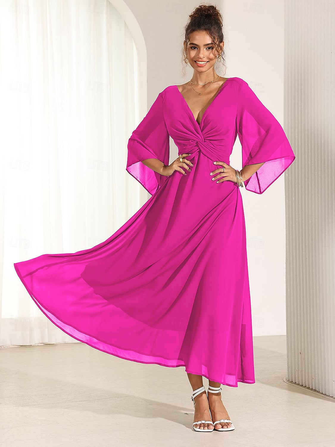 Twisted Ruffle Chiffon Maxi Dress