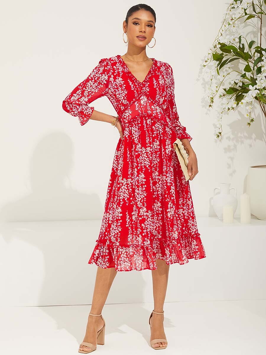 Red Floral Swing Chiffon Maxi Dress