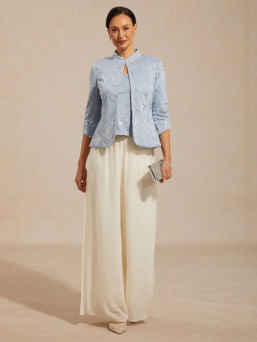 Elegant Mandarin Collar Sequin Twinset