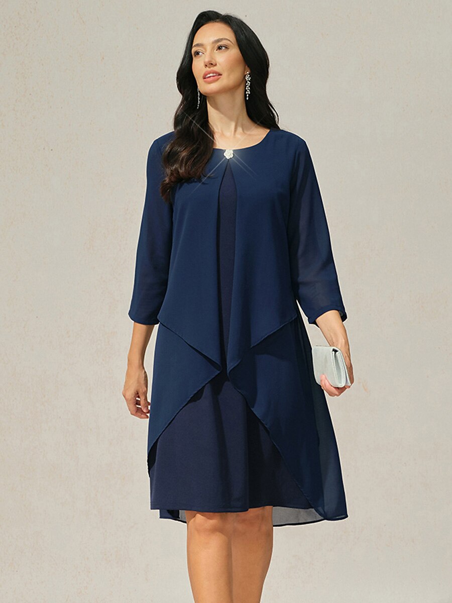 3/4 Sleeve Knee-Length Chiffon Dress with Rhinestone