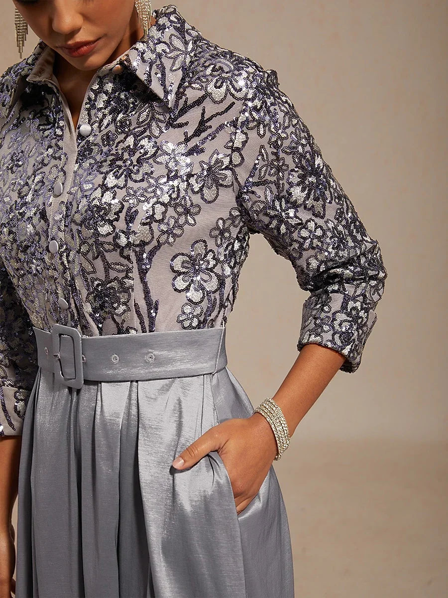Stretch Taffeta Embroidered Cocktail Dress with Paisley Sequin Bodice