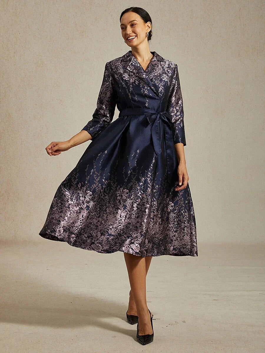 Floral Jacquard Shirt Dress with Belt and Side Pockets