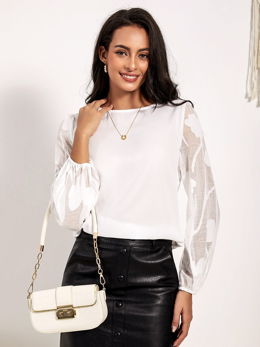 Sheer Floral Lace Boat Neck White Blouse