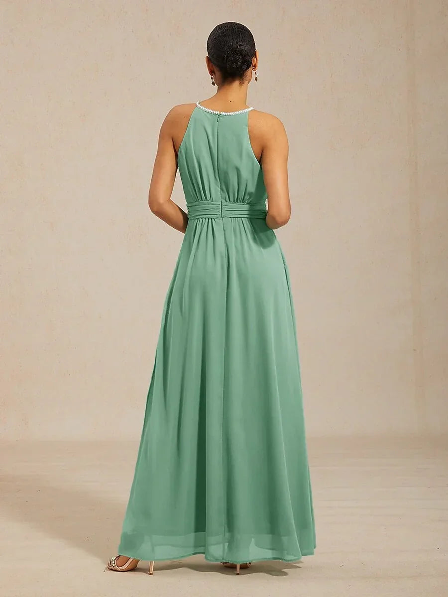 Chiffon Pearl Halter Neck Floor-Length Dress