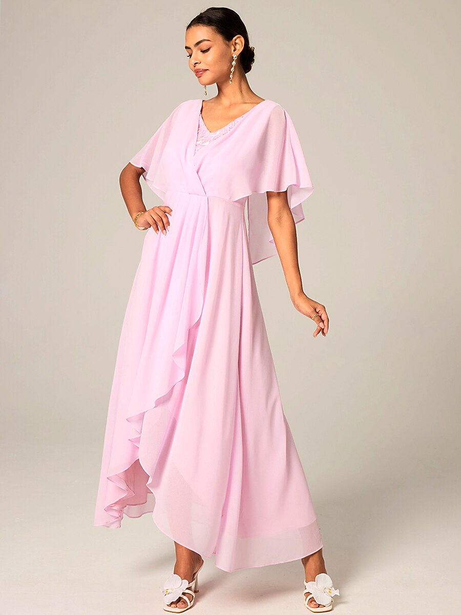 Ruched Chiffon Embroidery Lace Pink Dress
