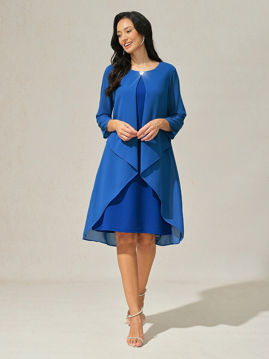 3/4 Sleeve Knee-Length Chiffon Dress with Rhinestone