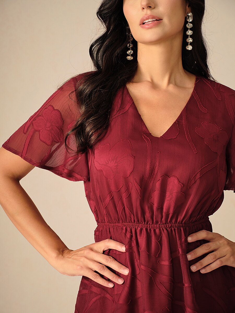 Lace V Neck Ruffle Layered Flutter Dress