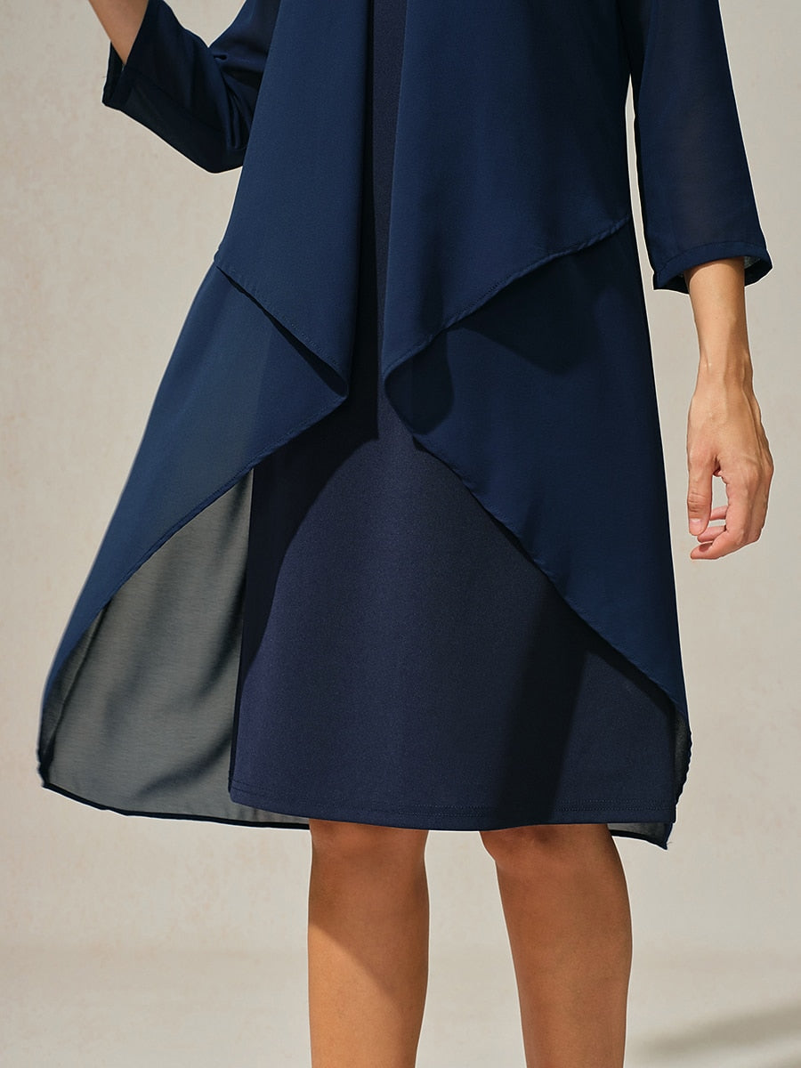 3/4 Sleeve Knee-Length Chiffon Dress with Rhinestone