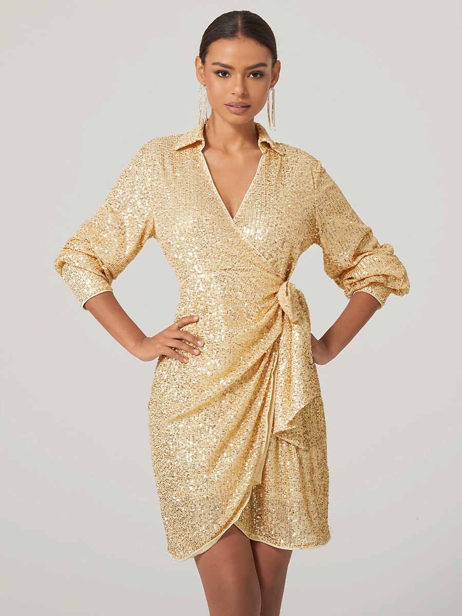 Golden Belted Sequins Collar Shirt Dress
