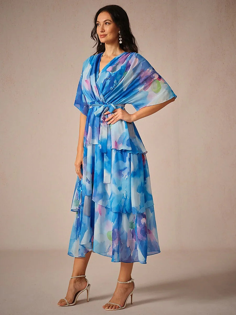 Chiffon Layered Ruffle V Neck Tye Dye Dress-S13258899