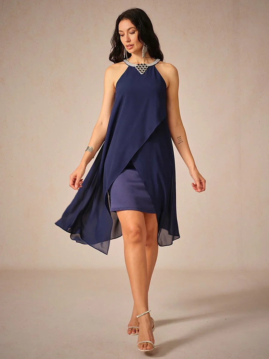 Chiffon Solid Sleeveless Halter Neck Navy Blue Dress