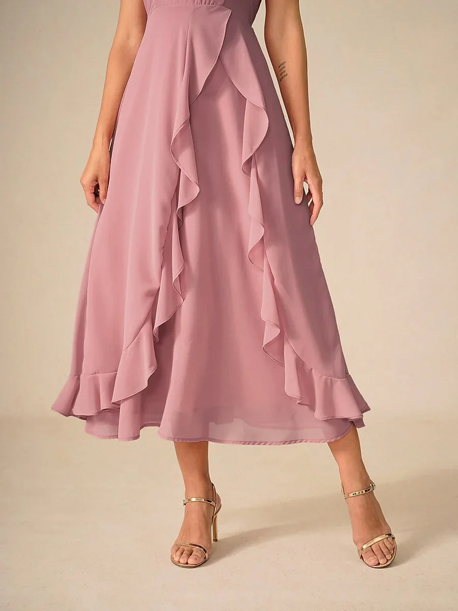 Asymmetrical Ruffle V Neck Blush Pink Maxi Dress