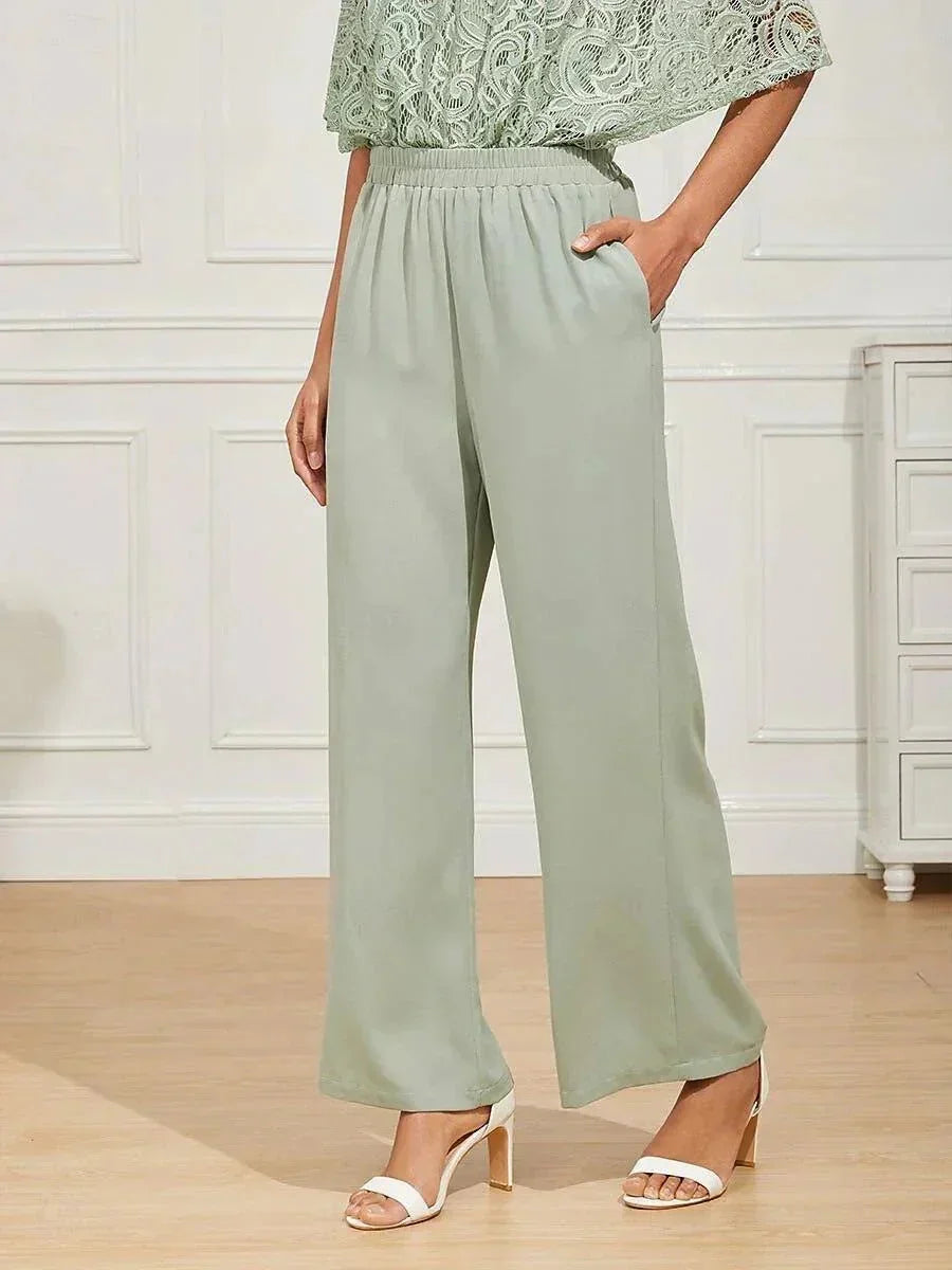 Mid-Rise Elastic Waist Wide-Leg Pants with Pockets