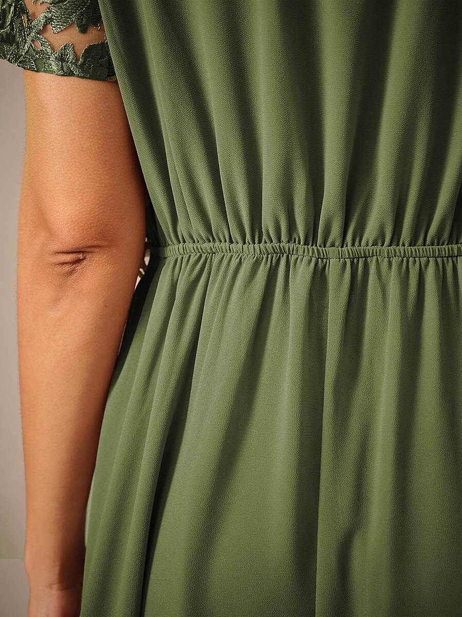 Chiffon Lace V Neck Short Sleeve Flared Midi Dress