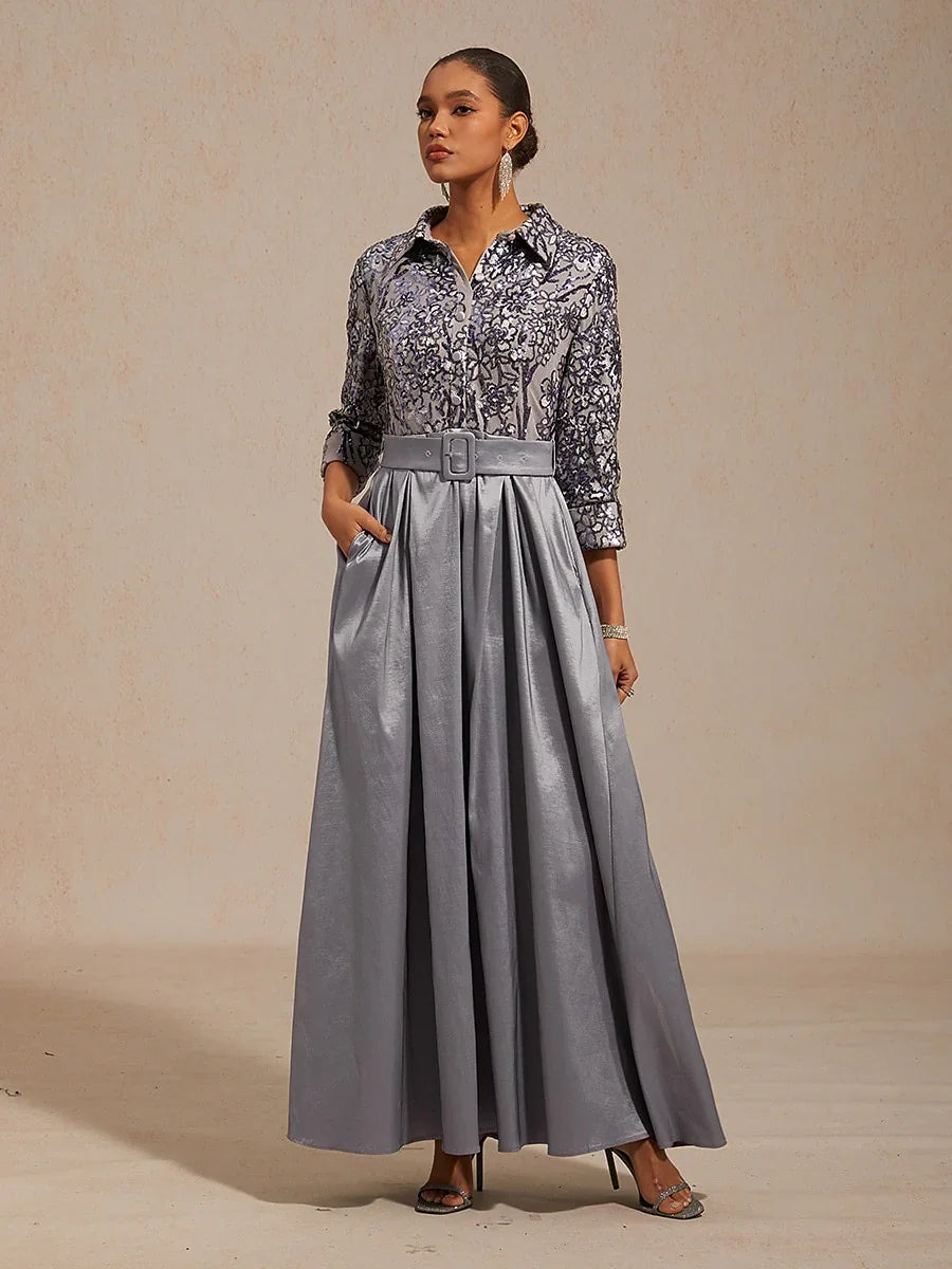 Stretch Taffeta Embroidered Cocktail Dress with Paisley Sequin Bodice