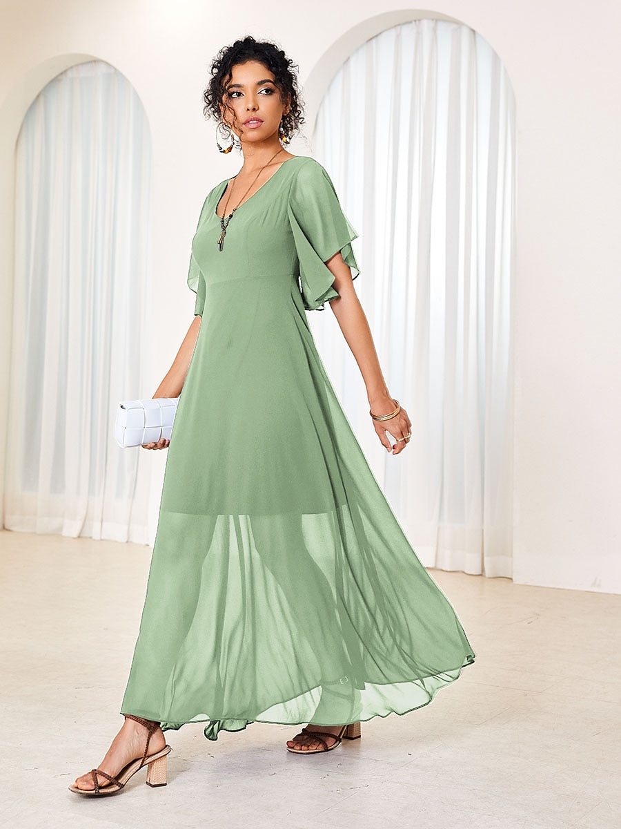 Flutter Sleeve Ruffle Elegant Chiffon Dress