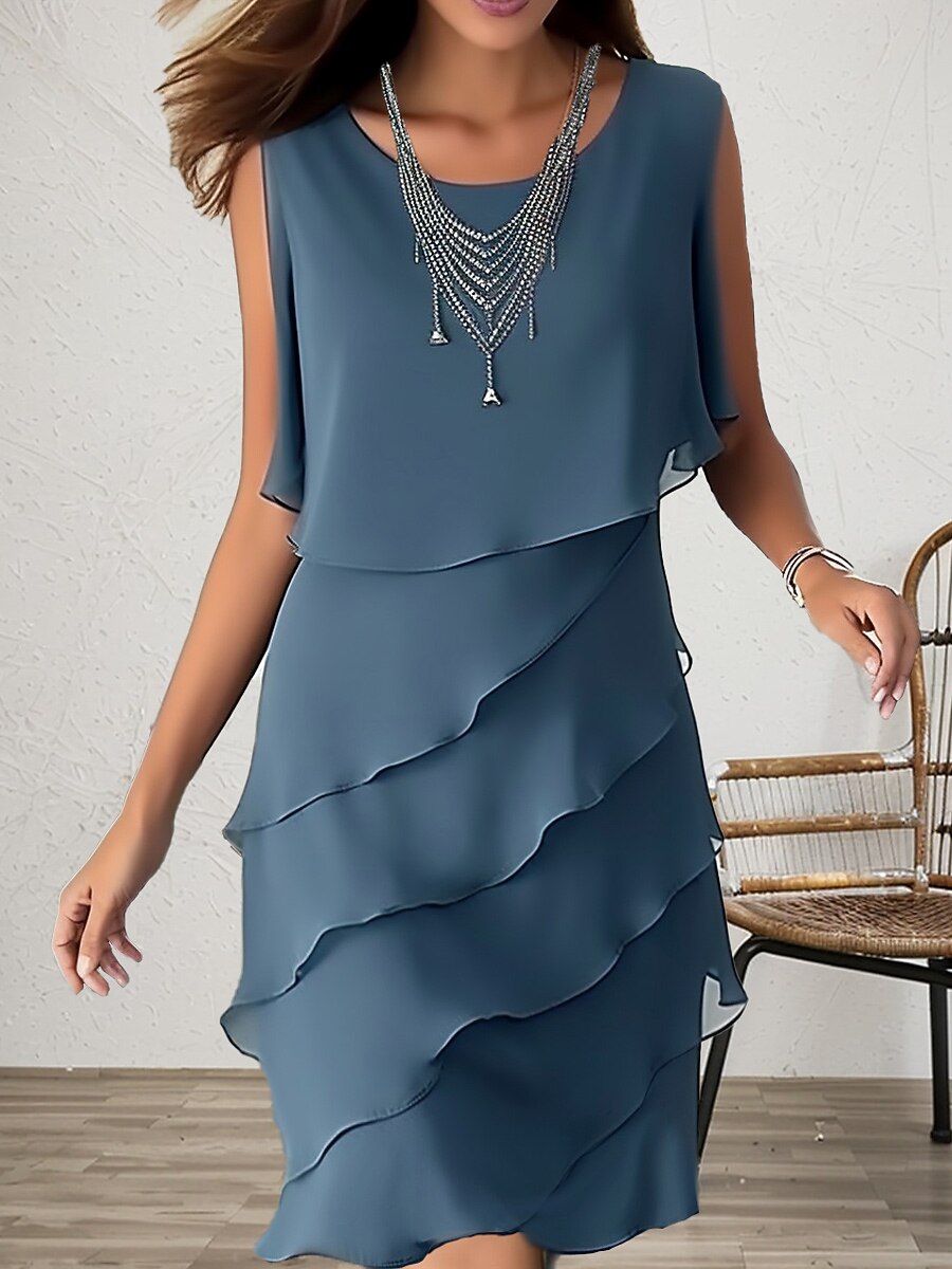 Sleeveless Layered Chiffon Crew Neck Elegant Dress