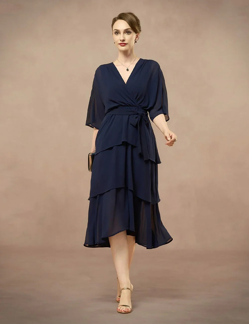 Chiffon Layered Ruffle V-Neck Dress