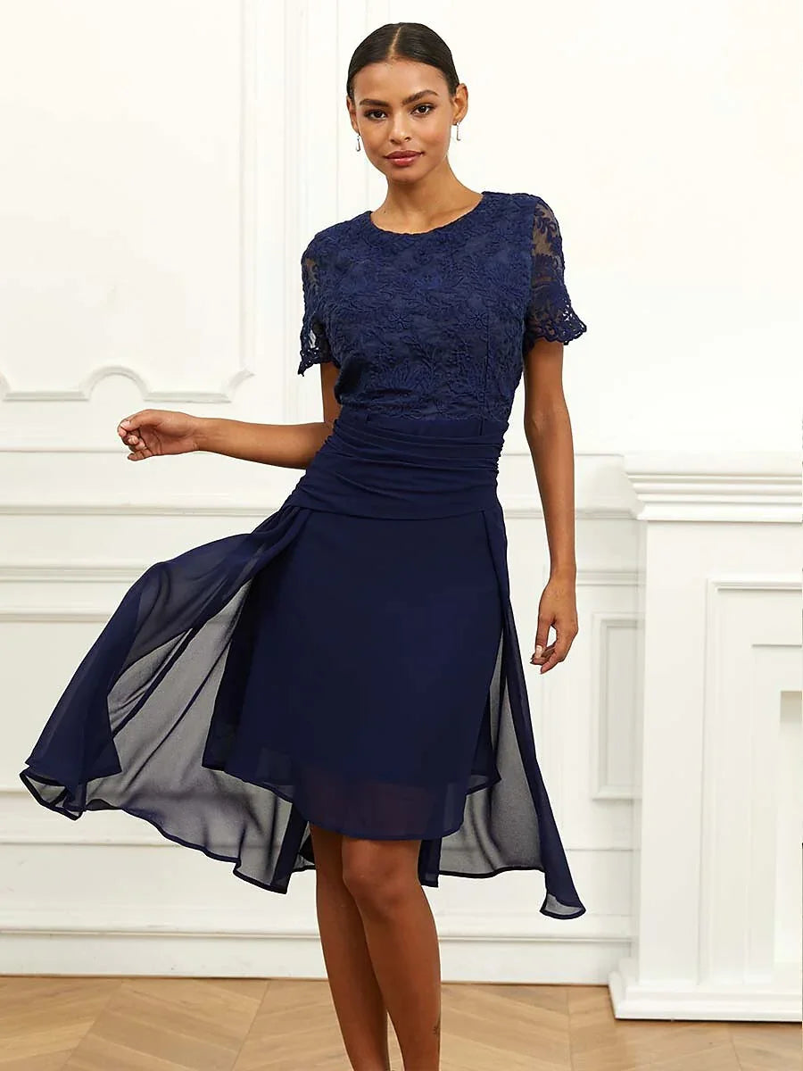 Ruched Chiffon Lace Midi Dress