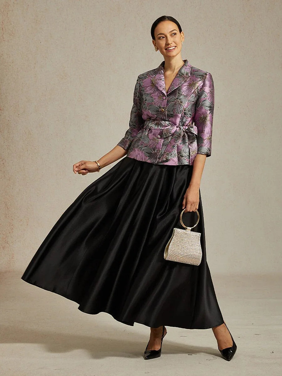 Dreiviertelärmelige Bluse mit floralem Jacquardmuster und Bindegürtel