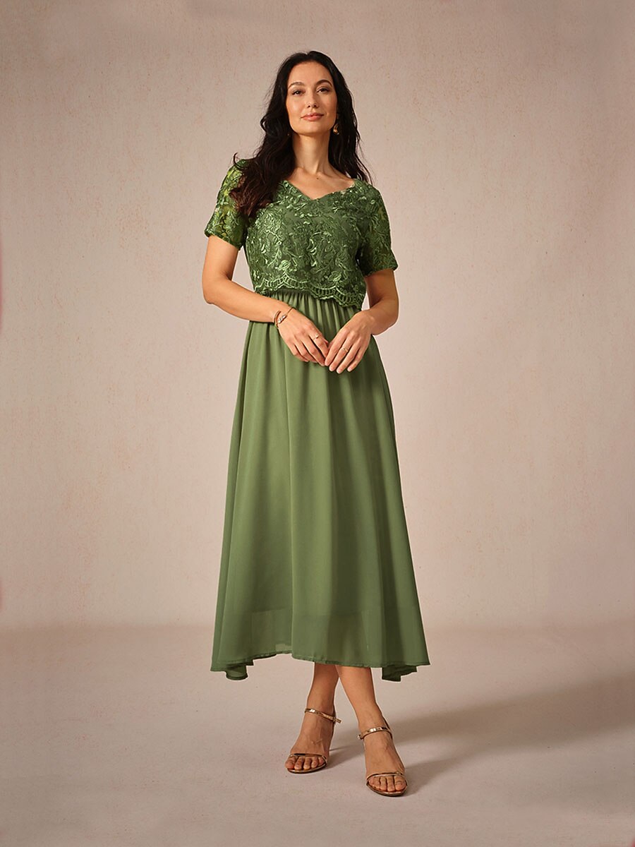 Chiffon Lace V Neck Short Sleeve Flared Midi Dress