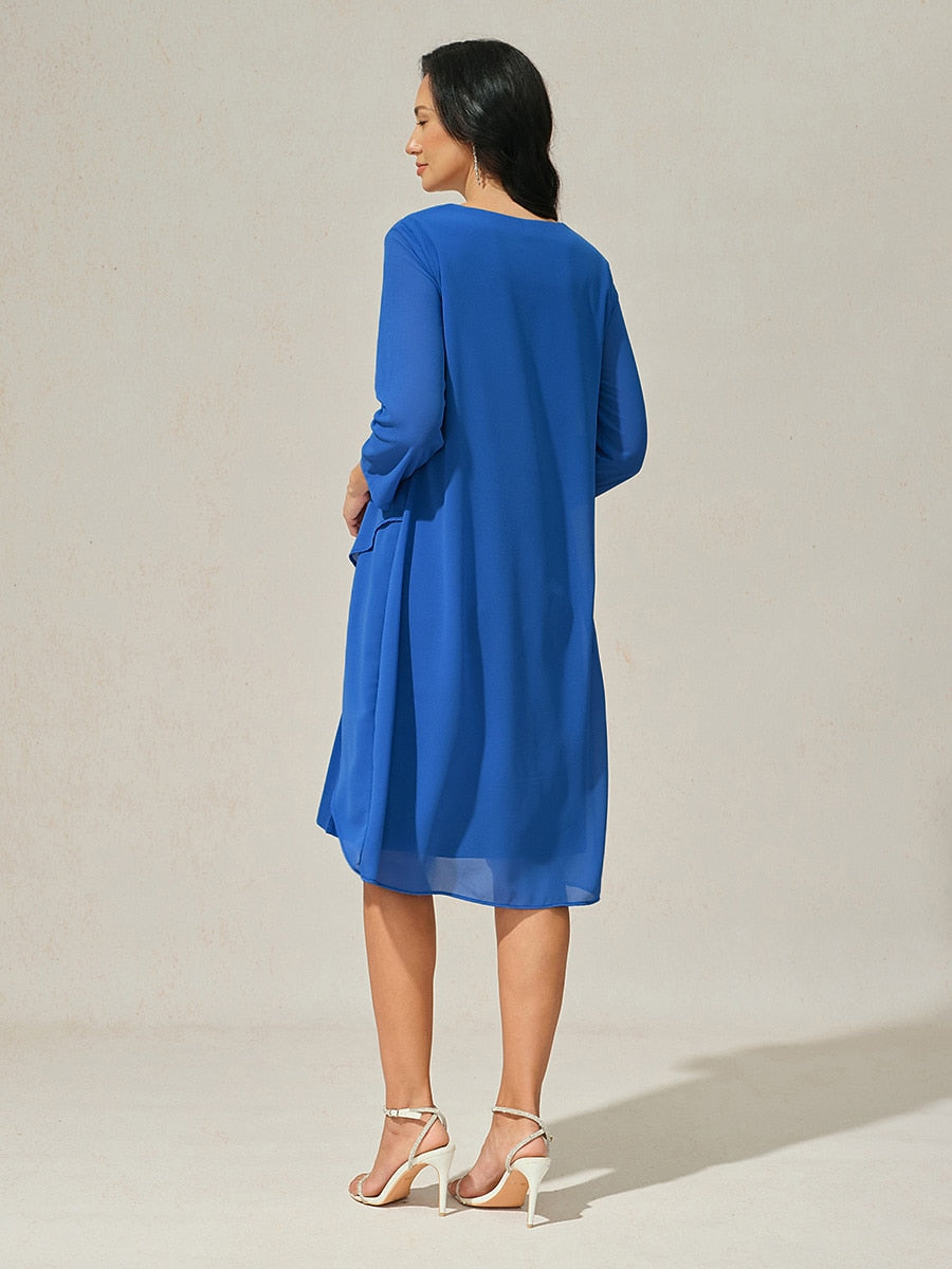 3/4 Sleeve Knee-Length Chiffon Dress with Rhinestone