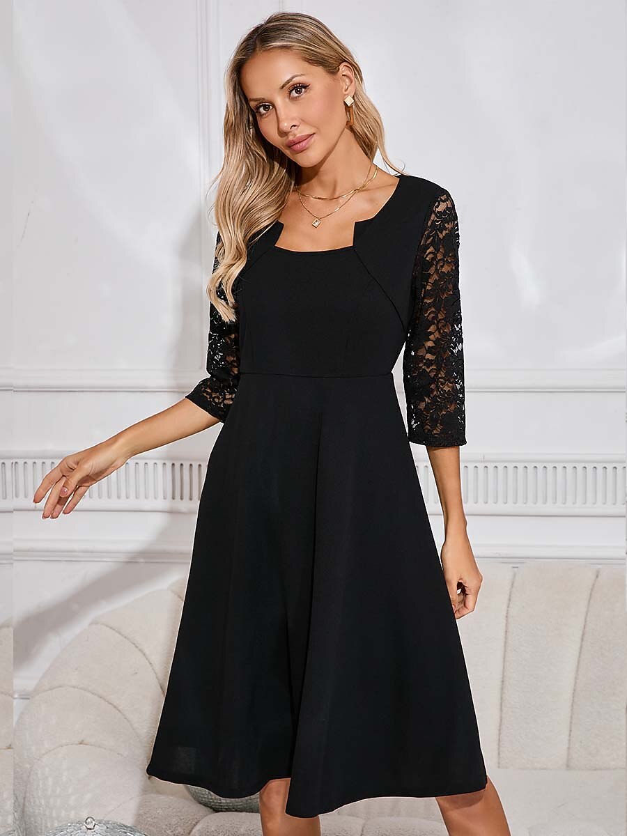 Black Lace Midi Dress with Bishop Sleeves
